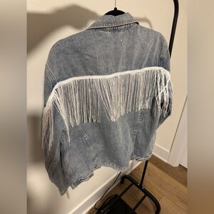 Jacket Justalwart Designed Size Small Womens Jean Denim White Fringe arm to arm